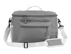 Grey cooler bag with a white shoulder strap and handle, featuring a front pocket.