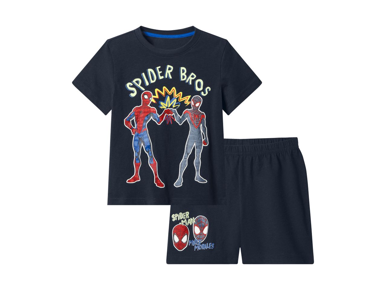 Dark blue short-sleeved pyjama set with Spider Bros print featuring two superheroes.
