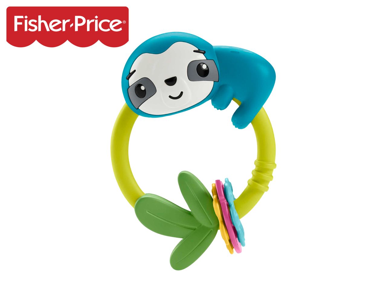 A blue sloth-shaped baby rattle with a green ring, leaves, and colorful rings.