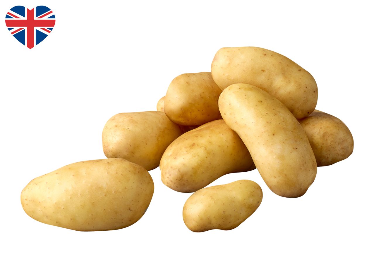 A pile of light brown potatoes with a heart-shaped Union Jack flag in the top left corner.