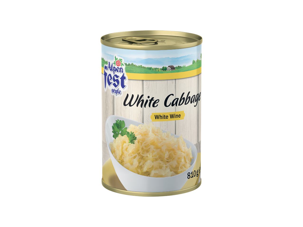 Konzerva bijelog kupusa s bijelim vinom, s natpisom 'Alpen Fest style' i planinskim krajolikom.