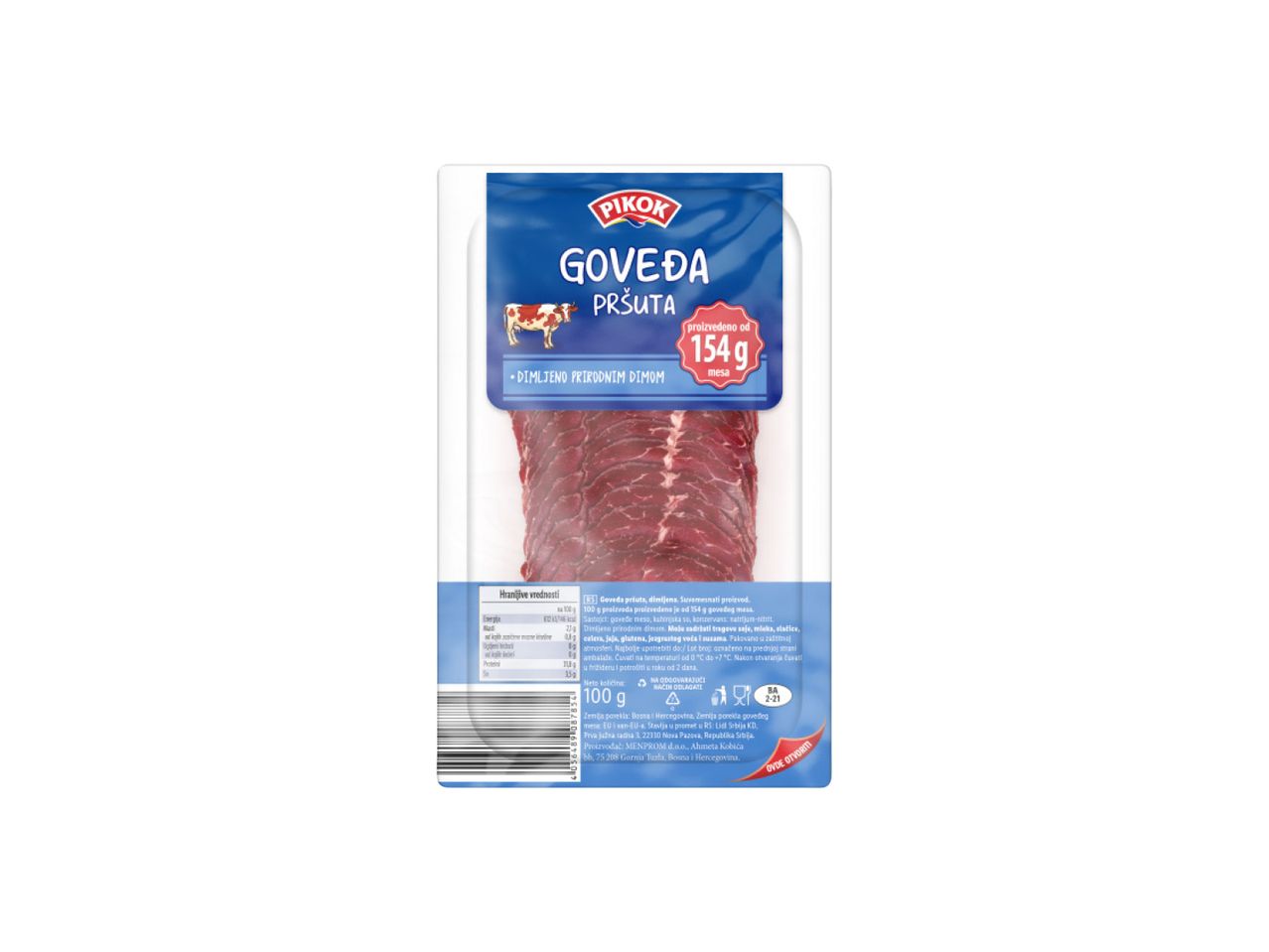 PIKOK goveđa pršuta, dimljena, pakovanje od 154g.