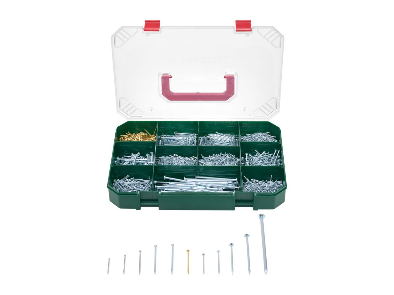 Open organizer box with various nails, including silver and brass, with several nails displayed below.