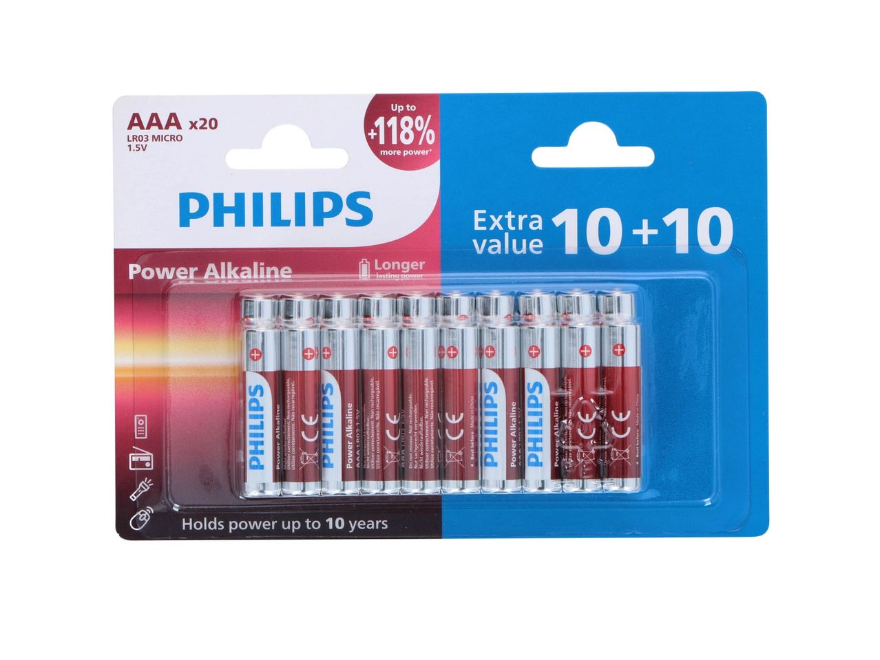 Philips AAA alkaline batteries, 20-pack, with 118% more power and 10+10 extra value.