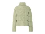 Back view of a light green puffer jacket with a high collar