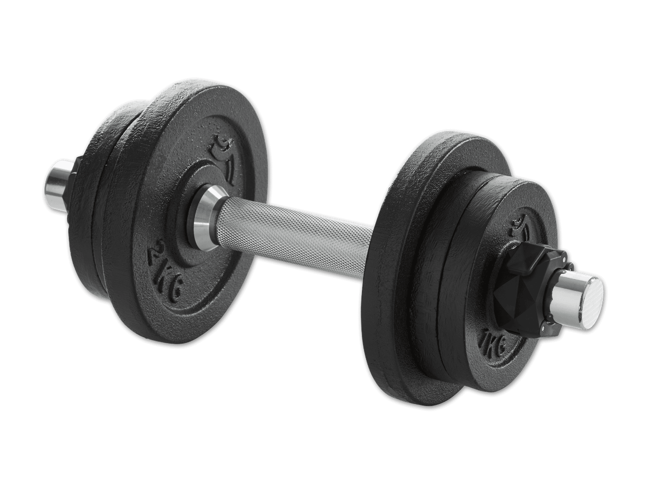 Hantel mit schwarzen Gewichtsscheiben und gerändeltem Griff auf schwarzem Hintergrund