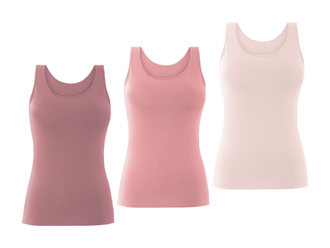 Tre bløde tanktops i forskellige rosa nuancer.