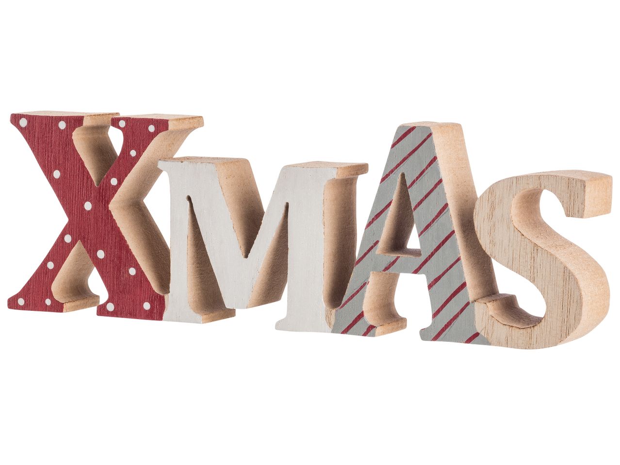 Дървени букви, изписващи „XMAS“ в червено, бяло и сиво с шарки.