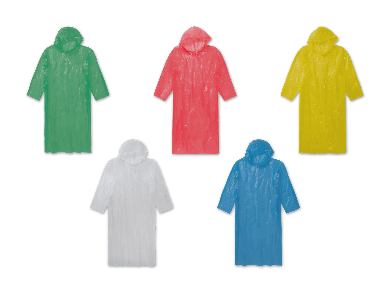 Fünf Regenponchos in verschiedenen Farben: grün, rot, gelb, weiß und blau.