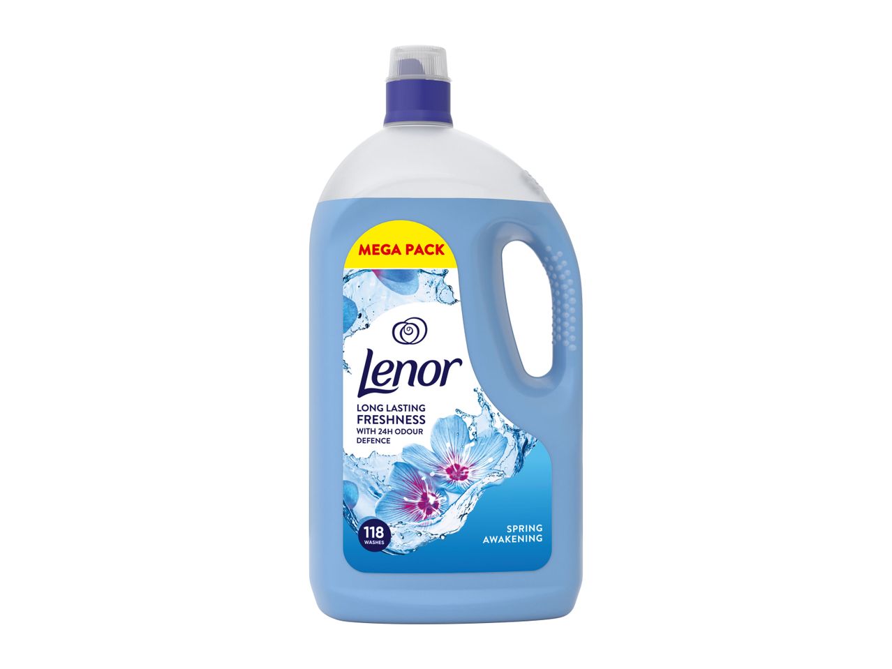 Lenor fabric softener, Spring Awakening scent, in a large blue bottle.