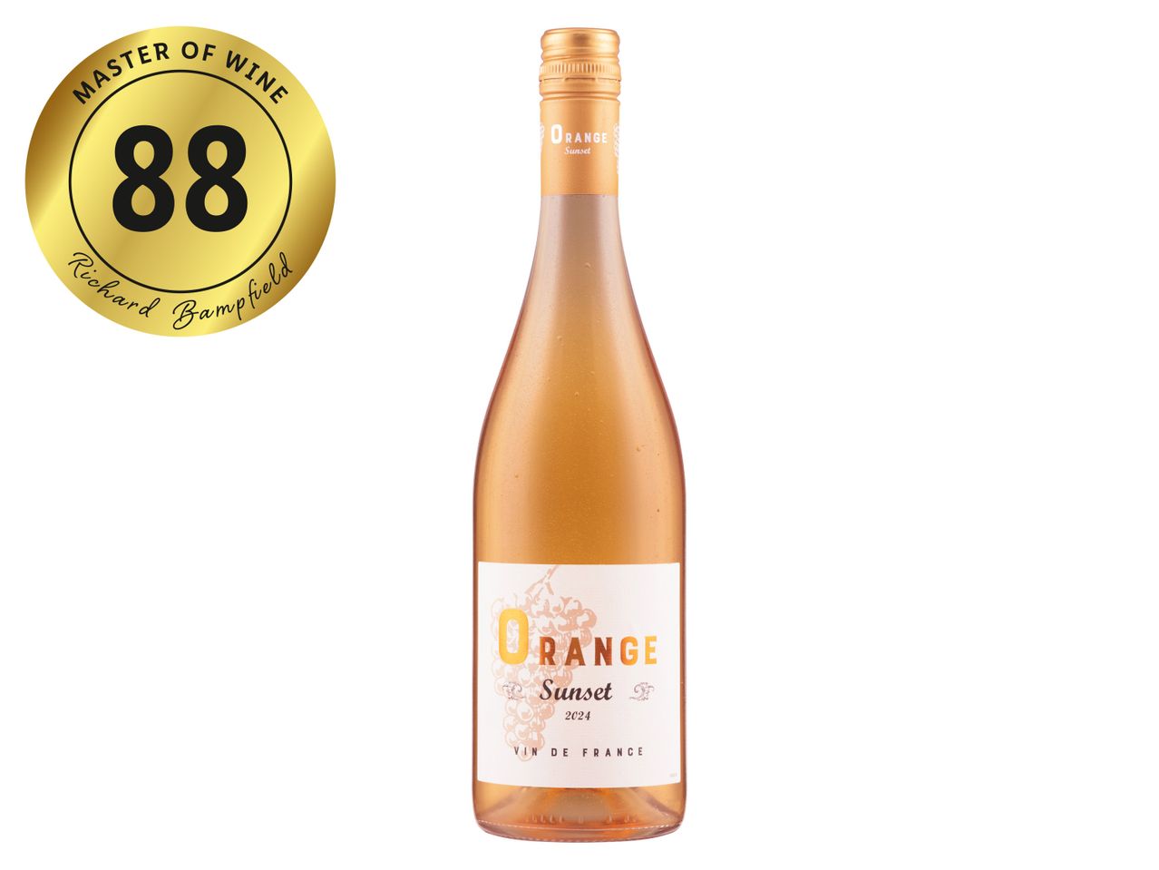 A bottle of Orange Sunset wine with an 88-point Master of Wine rating.