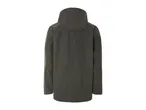 Dark green hooded rain jacket, back view.