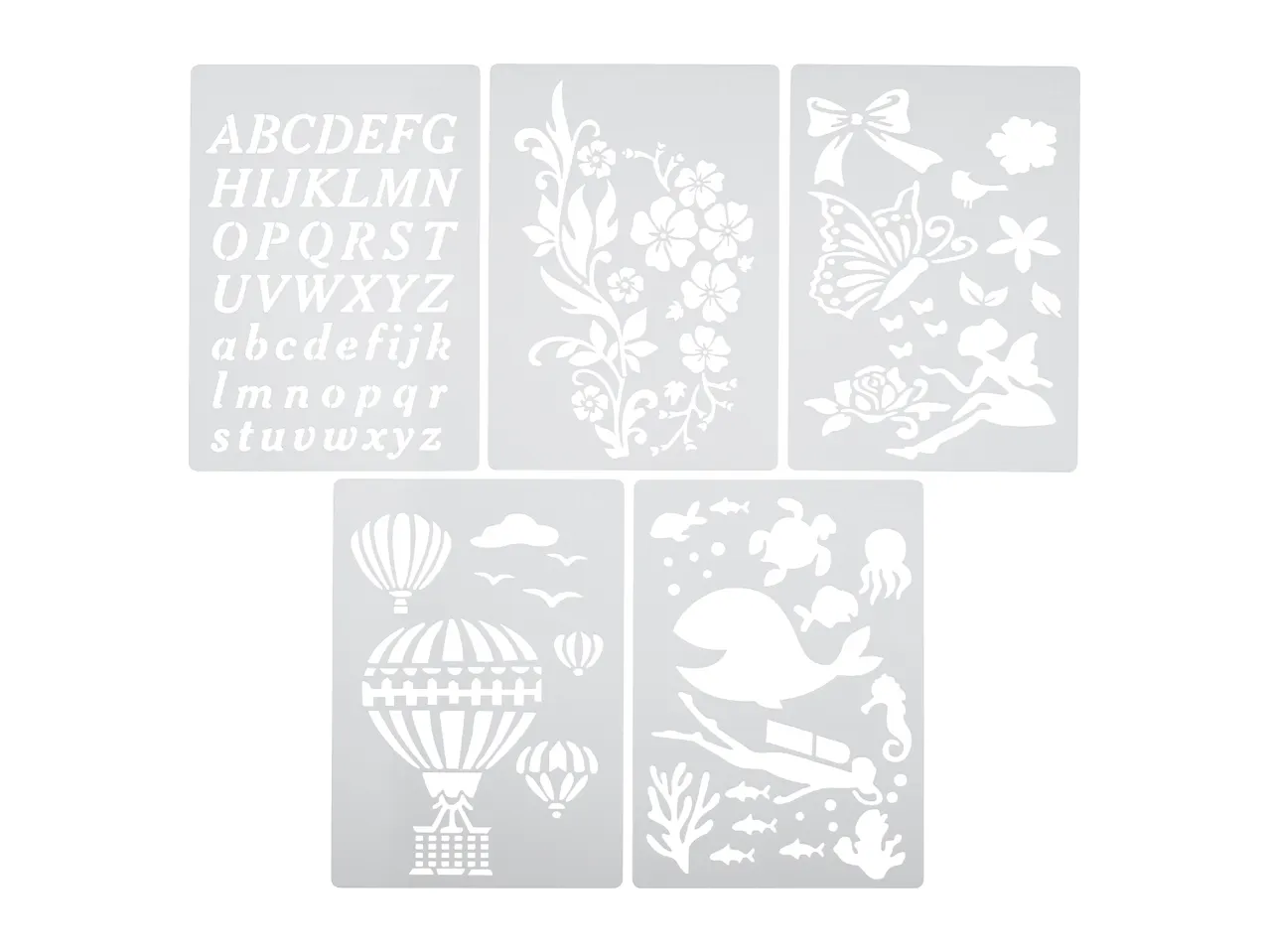 Set of five stencils with alphabet, floral, fairy, hot air balloon, and underwater themes.
