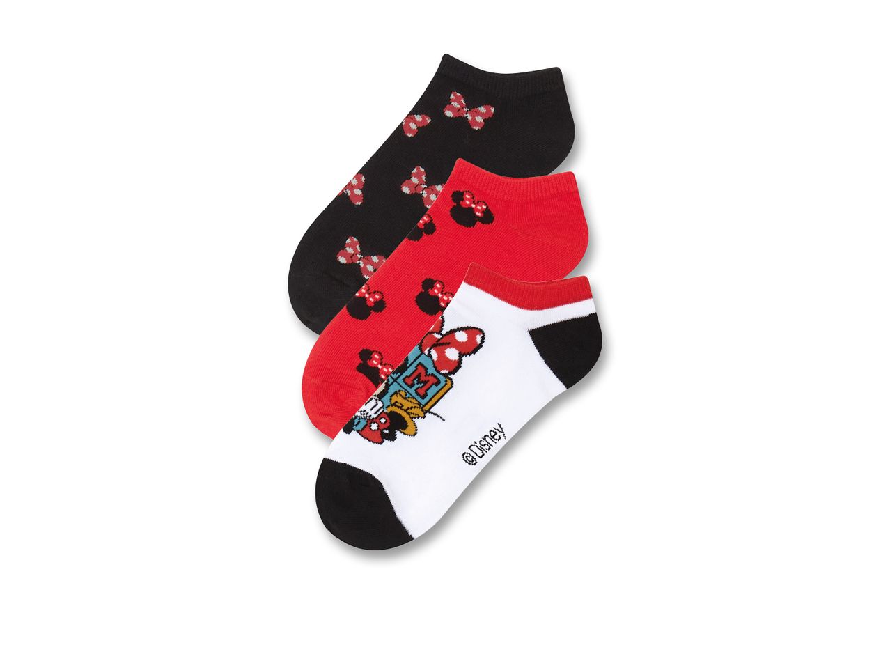 Tre paia di calzini alla caviglia Disney, due neri e rossi con fiocchi, uno bianco con Minnie.