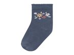 A single dark blue sock with a floral pattern on the ankle.
