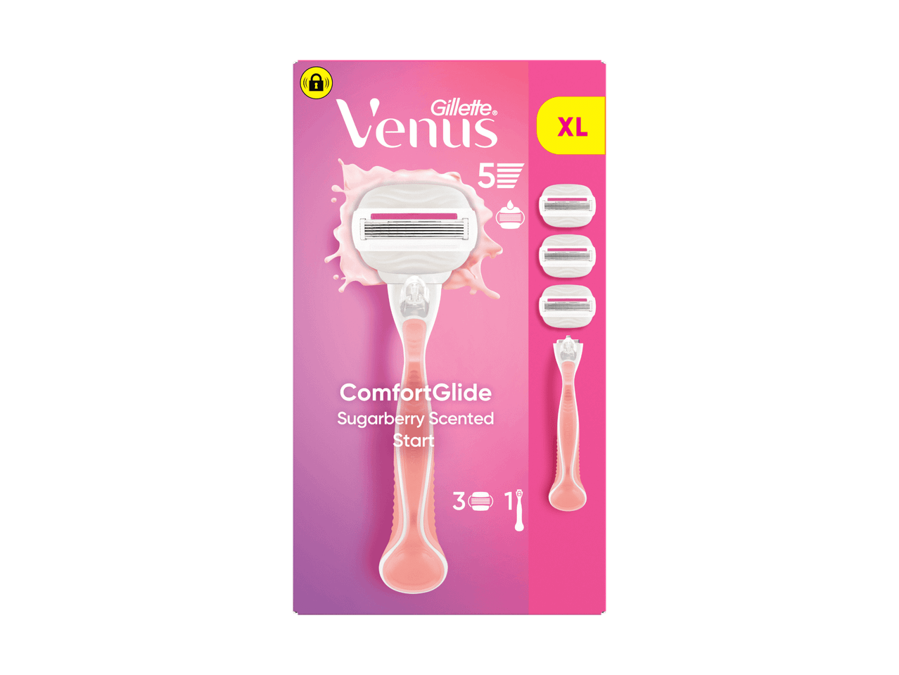 Gillette Venus ComfortGlide Sugarberry Scented Start XL Rasierer mit 3 Ersatzklingen.