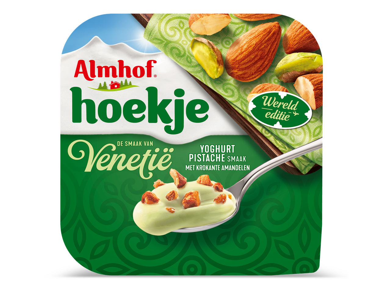 Pistache yoghurt met krokante amandelen, geïnspireerd op de smaak van Venetië.