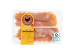 Lombinhos de frango em embalagem transparente com rótulo amarelo, indicando origem portuguesa e bem-estar animal.