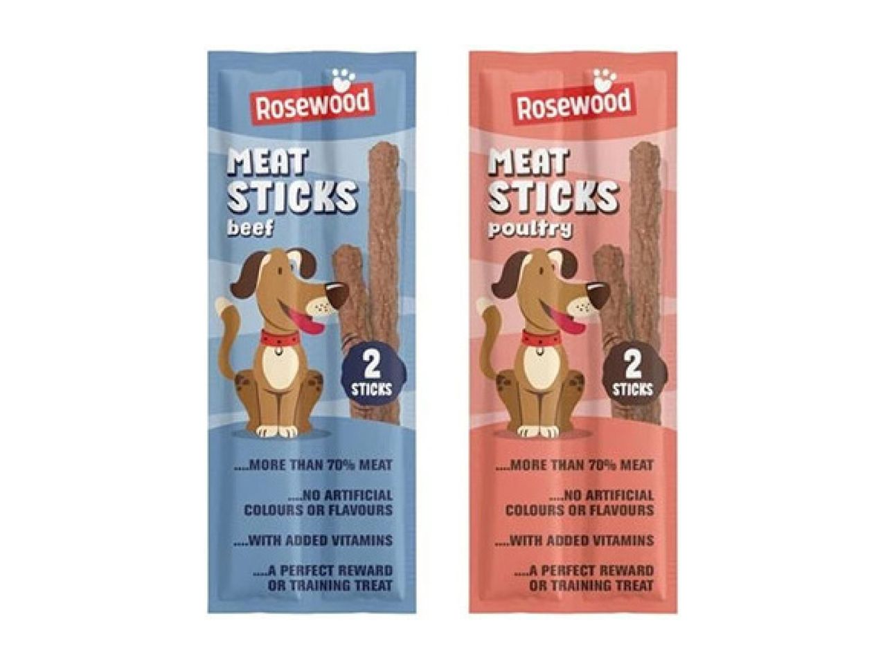 Two packs of meat sticks for dogs, one beef and one poultry, each containing 2 sticks.