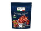 Dark blue pouch of sun-dried tomatoes, with bruschetta, fresh tomatoes, and herbs.