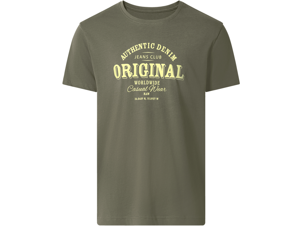 Chaki spalvos marškinėliai su užrašu „AUTHENTIC DENIM ORIGINAL“ ir detalėmis.