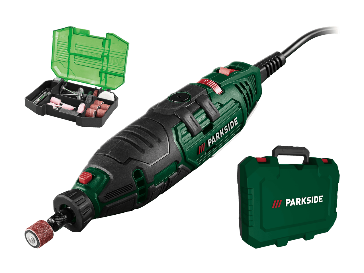 Minischleifer mit verschiedenen Zubehörteilen in einer Box und einem Koffer.