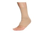 Close-up of a person's foot and lower leg wearing a beige ankle support brace.