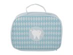 Light blue dental care bag with white diamond pattern and a sparkling tooth icon
