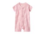 Pink baby romper with short sleeves and a floral pattern, featuring a front zipper.