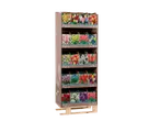 Display stand with packages of flower bulbs, including tulips, daffodils, and hyacinths.
