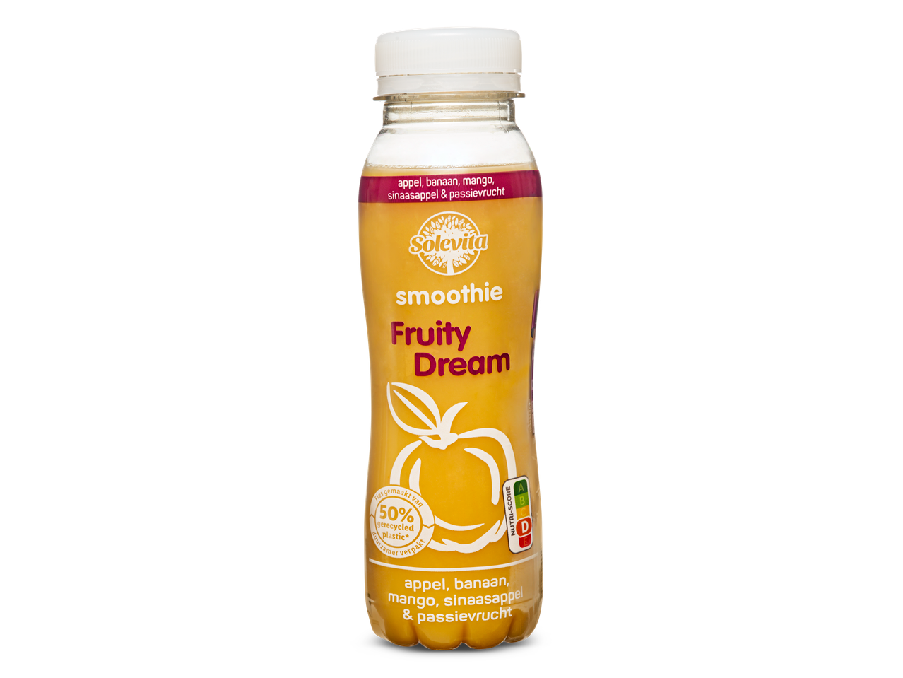 Solevita Fruity Dream smoothie: appel, banaan, mango, sinaasappel & passievrucht.