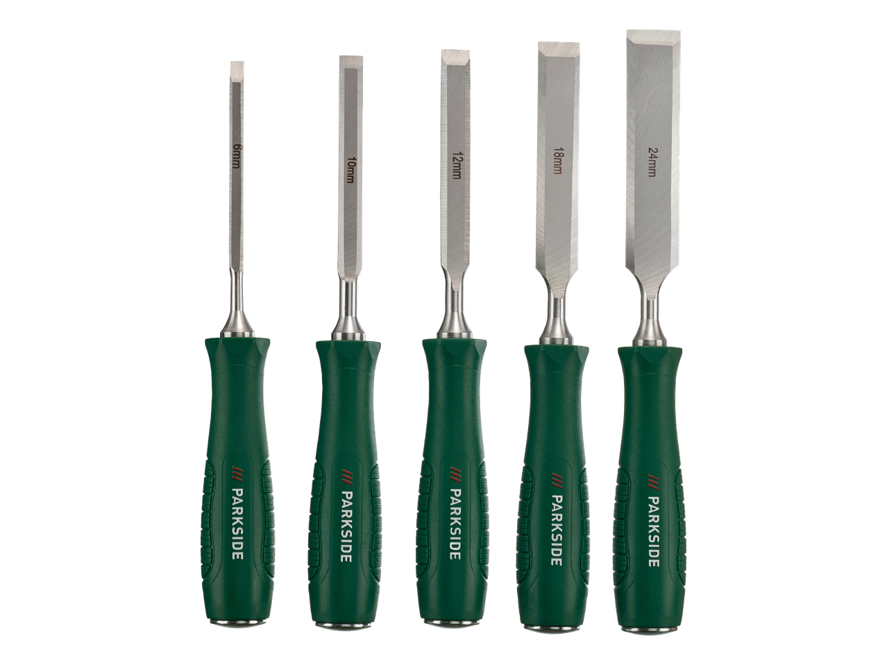 Set dlet Parkside v velikostih 6, 10, 12, 18 in 24 mm z zelenimi ročaji.