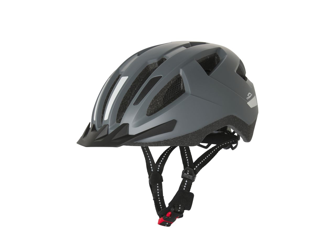 Grey bicycle helmet with black visor and reflective straps
