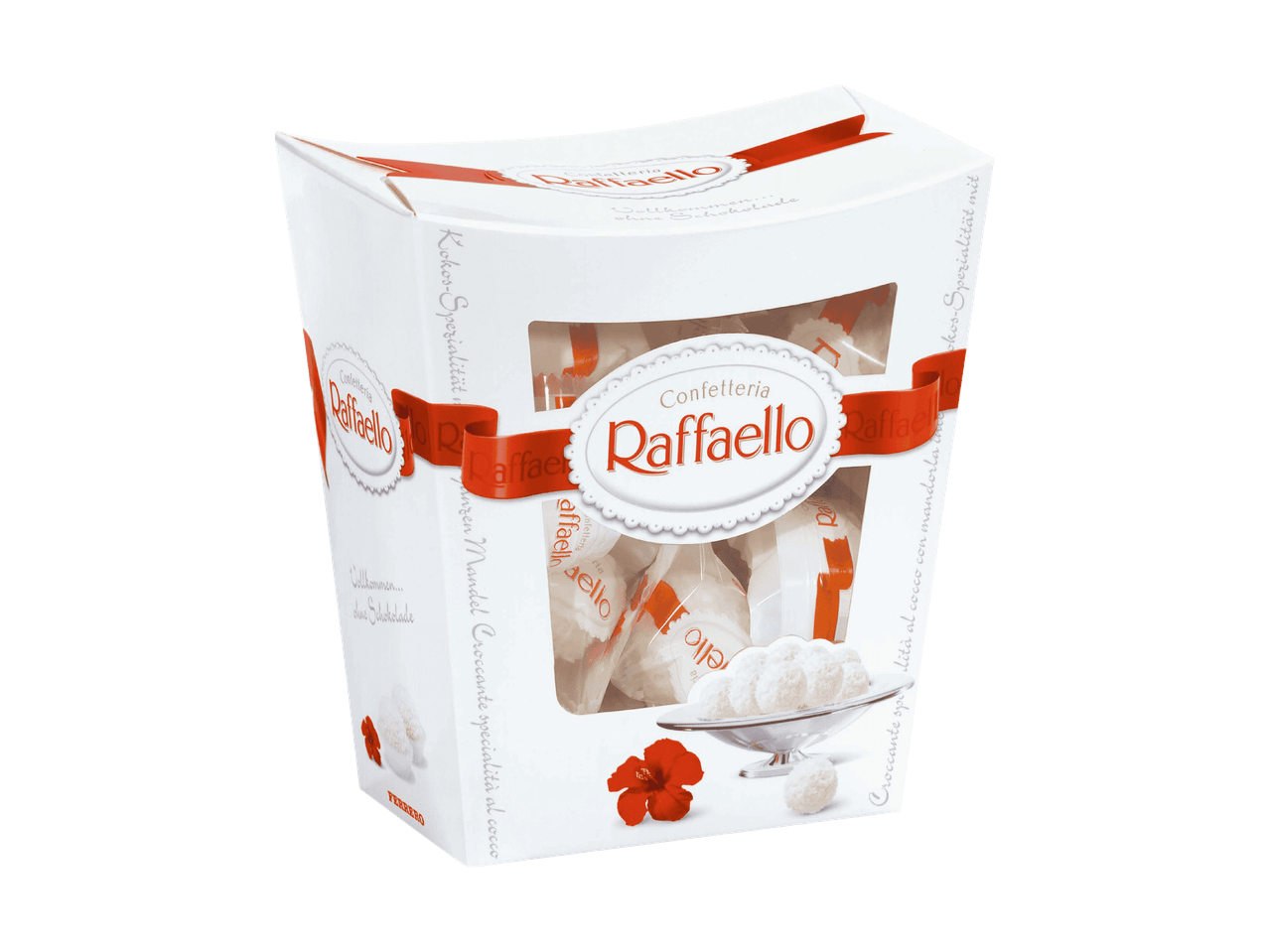 Weiße Pralinen mit Kokosnuss und Mandeln in einer Geschenkbox mit roter Schleife.