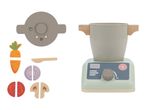 Toy blender with wooden vegetables including carrot, onion, tomato, and mushroom.