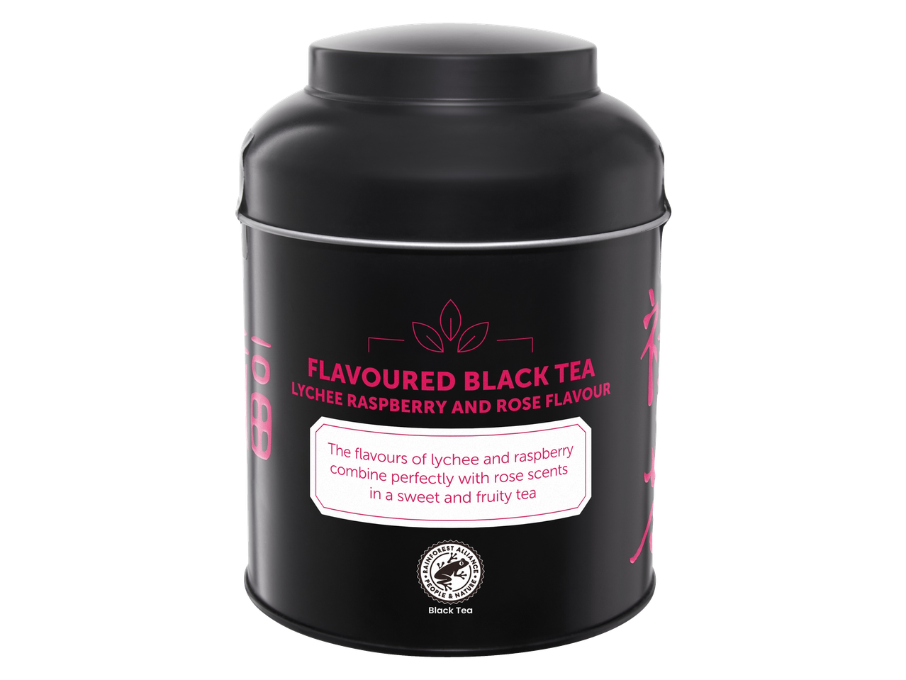 Black tea tin with lychee, raspberry, and rose flavour, Rainforest Alliance certified.