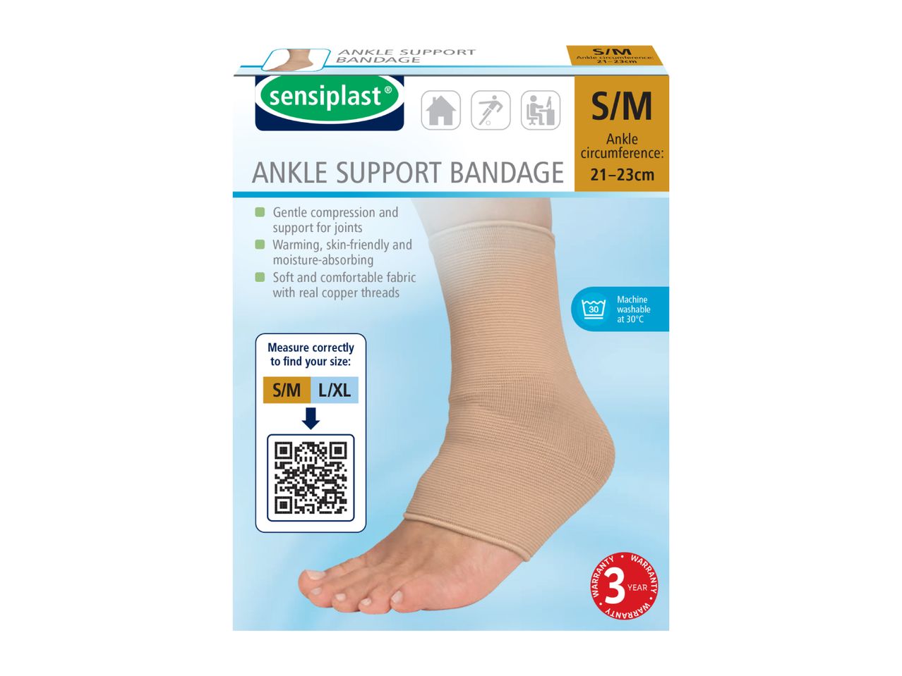 Sensoplast ankle support bandage with size and care information.