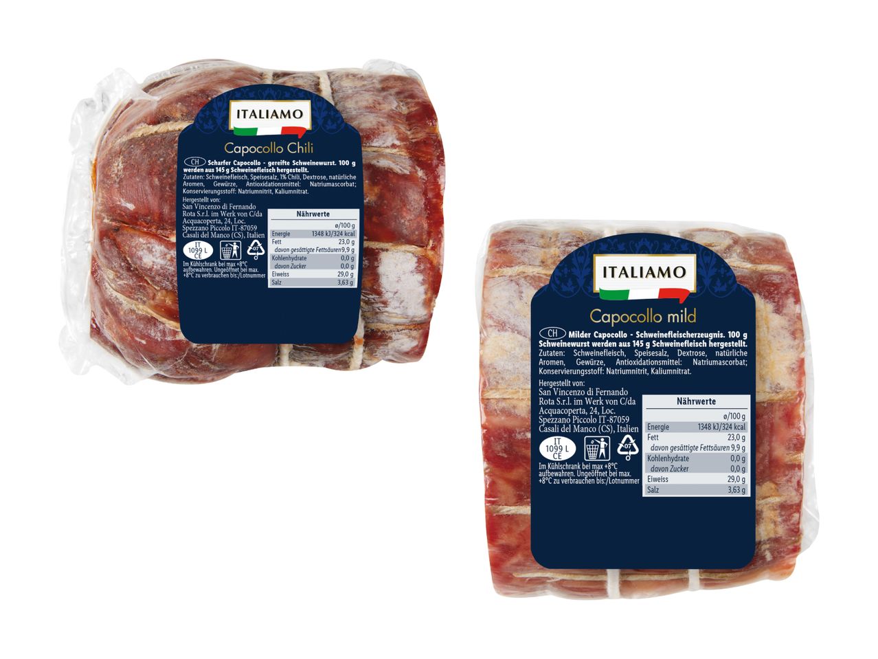 Due confezioni di Capocollo, uno saporito e uno delicato, del marchio Italamo.