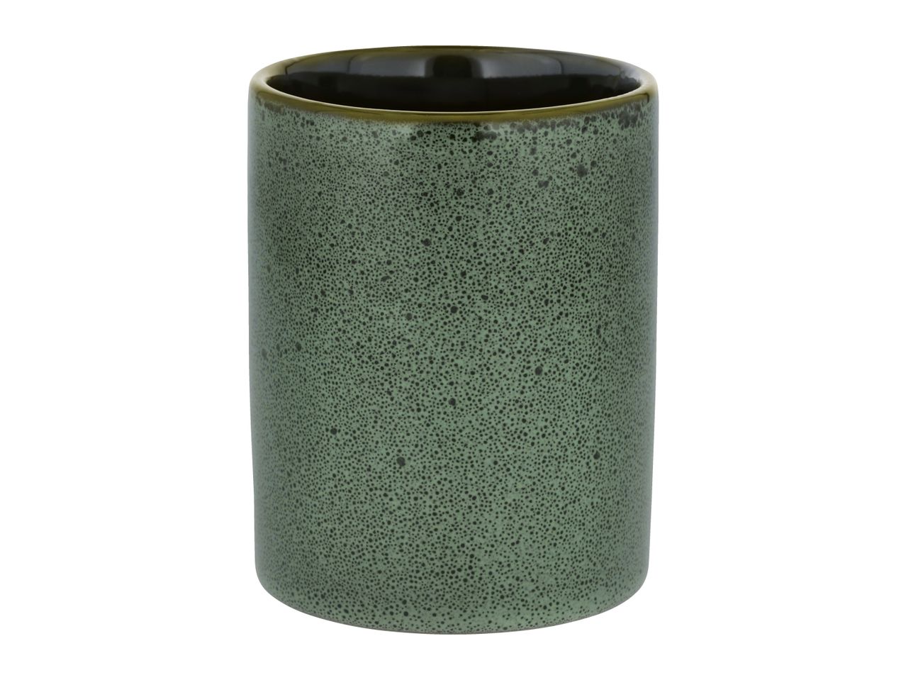 Green speckled ceramic cylindrical pot with a dark rim