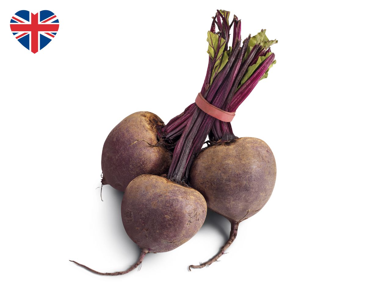 A bunch of fresh beetroots with green leaves and a heart-shaped Union Jack flag.