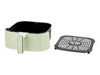 Air fryer basket and grill plate in light green and black.
