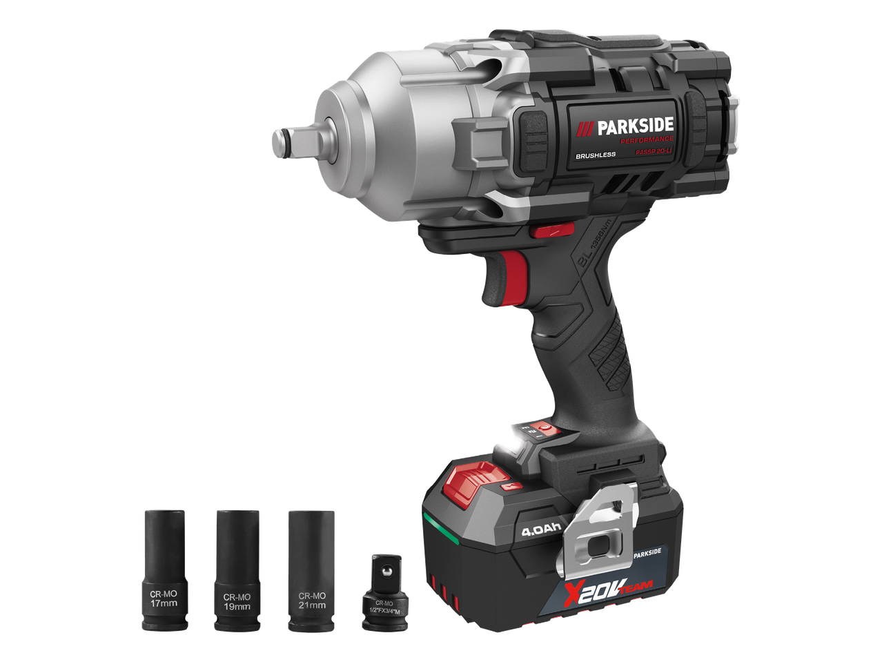 Akumulatorski udarni odvijač s baterijom od 4,0 Ah i setom nasadnih ključeva od 17, 19 i 21 mm.