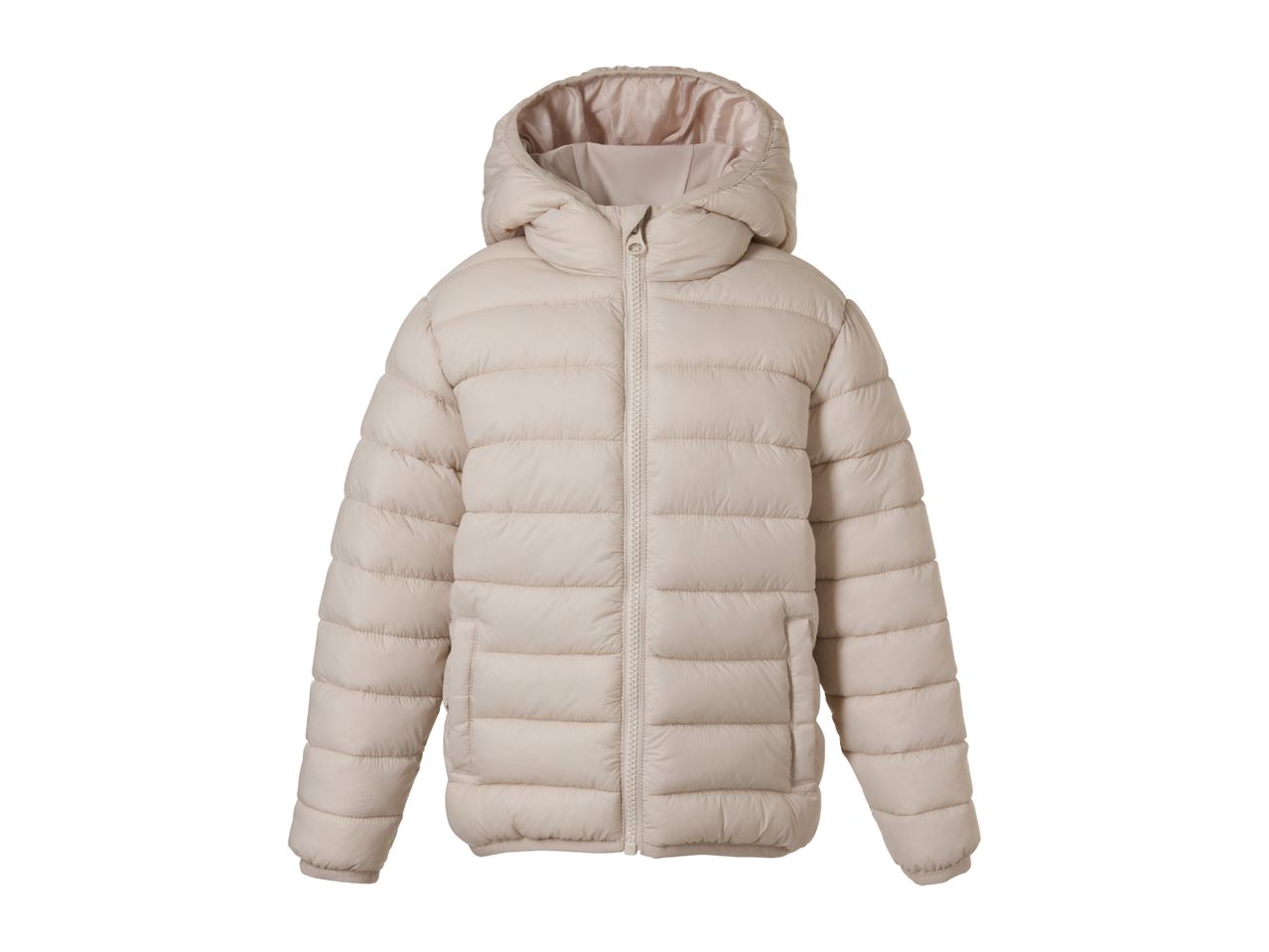 Light beige hooded puffer jacket with a front zipper.