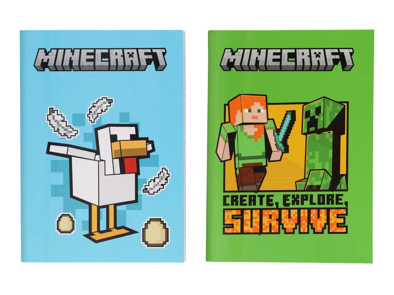 Two notebooks with pixelated designs: one blue with a chicken and eggs, one green with characters and text.