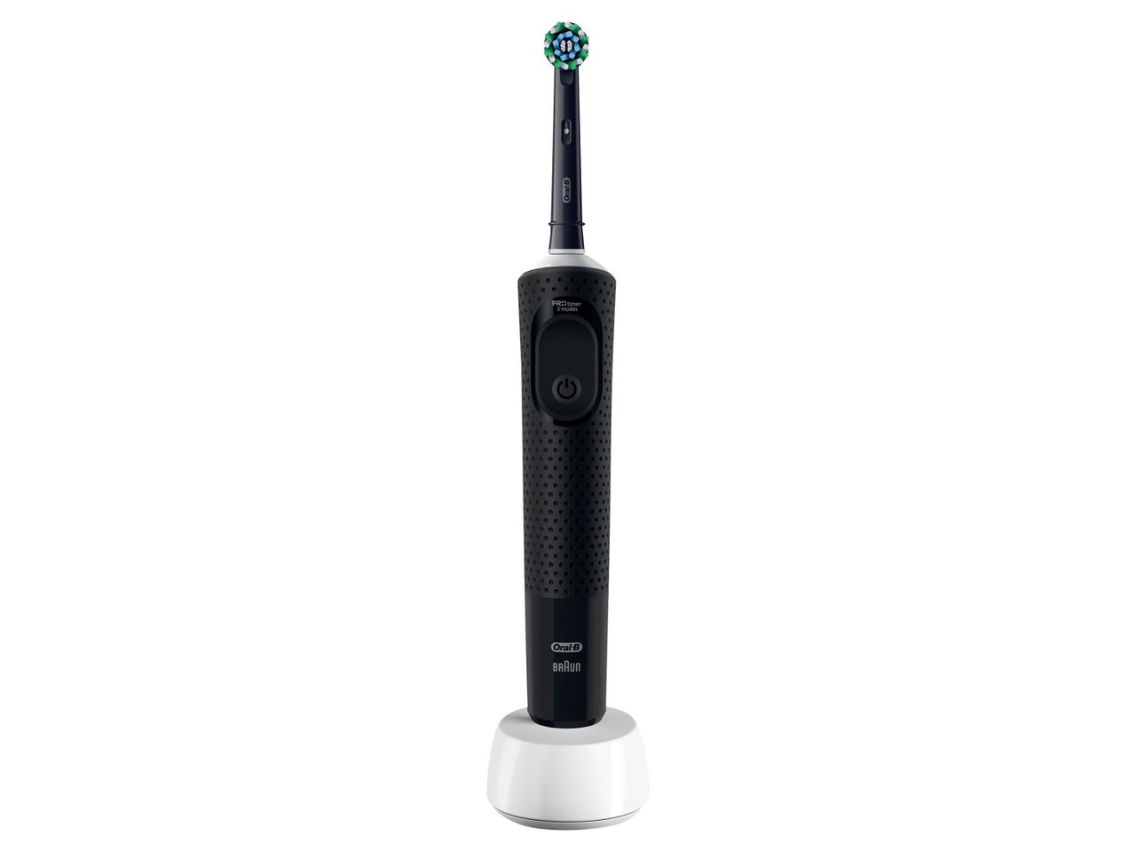 Fekete Oral-B elektromos fogkefe fehér töltőállomáson.