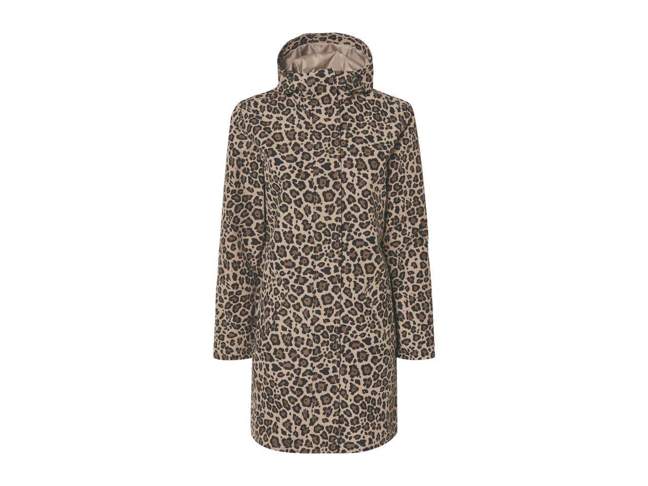 Leopard print hooded rain jacket.