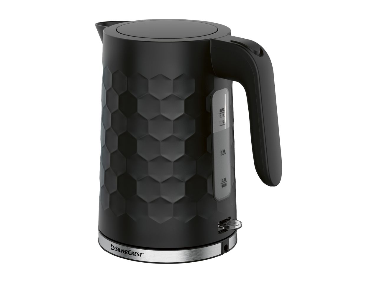 Black electric kettle with a textured honeycomb pattern and water level indicator.