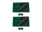 Two green tarpaulins with black undersides and two coiled ropes.