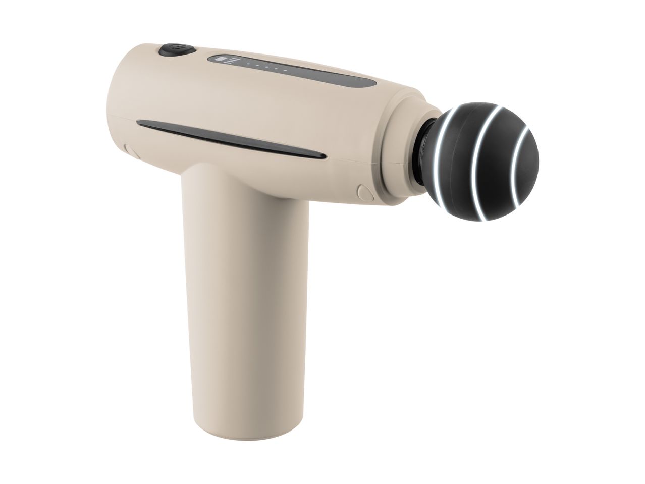 Beige massage gun with a black spherical attachment and white LED lights