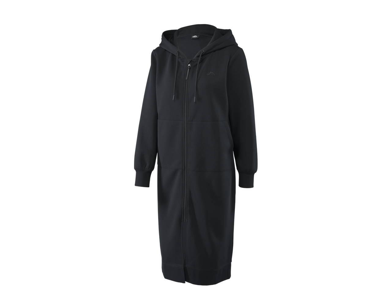 Черно дълго спортно яке CRIVIT за жени с качулка и цип.
